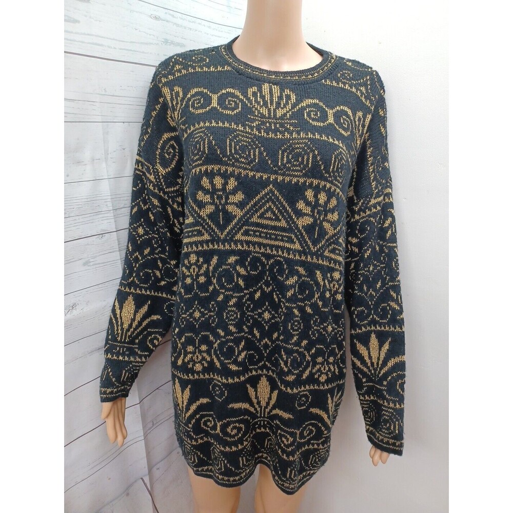 Vtg Bentley Woman Sweater Black Gold Metallic Floral 20W USA Made